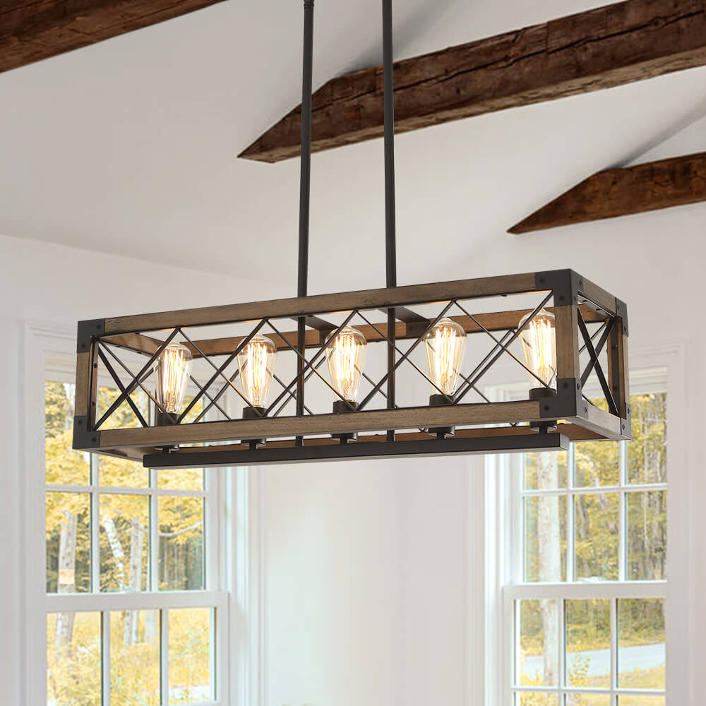 Lustre Rectangulaire Bois Noir 80cm 5 Lumières Salle à Manger Îlot Cuisine Industriel Farmhouse Lustre Suspension Réglable Salon | Restfield