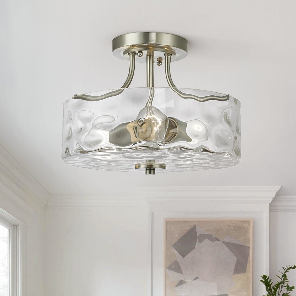 Glas-Deckenleuchte Drum Nickel 30cm 2-flammig Gehämmerter Glas Badezimmer Eingang Küche Schlafzimmer Semi Flush Mount Flur Wohnzimmer | Restfield