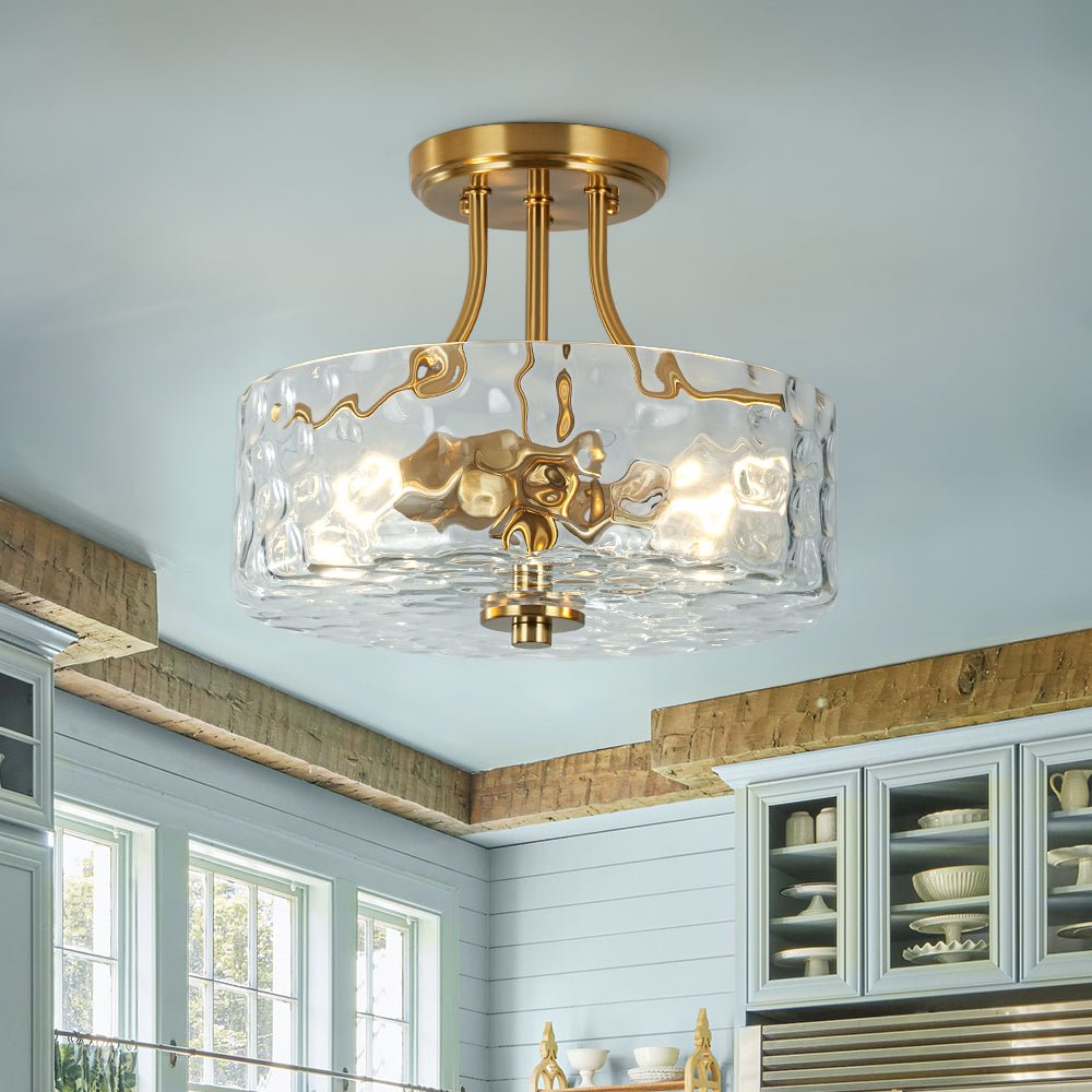 Glas-Deckenleuchte Drum Messing 30cm 2 Lichter Gehämmerter Glas Wohnzimmer Esszimmer Semi Flush Mount Badezimmer Eingang Flur Schlafzimmer | Restfield